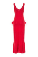Andreeva cherry knit midi dress displayed on a hanger, showcasing its textured fabric and elegant length.