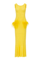 Andreeva lemon knit maxi dress with long sleeves and fitted waist, styled for a casual summer look.