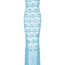 Handmade aqua shell maxi crochet dress by Andreeva, featuring intricate crochet details and flowing silhouette.