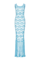 Handmade aqua shell maxi crochet dress by Andreeva, featuring intricate crochet details and flowing silhouette.