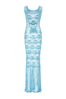 Handmade aqua shell crochet maxi dress by Andreeva featuring intricate crochet details and flowing fabric.
