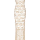 White pearl handmade maxi crochet dress by Andreeva featuring intricate crochet patterns and flowing fabric for elegant summer wear.
