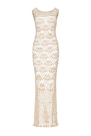 White pearl handmade maxi crochet dress by Andreeva featuring intricate crochet patterns and flowing fabric for elegant summer wear.