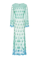Elegant aqua marine handmade maxi cover-up and dress by Andreeva, flowing fabric with intricate details, perfect for summer wear.