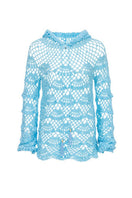 Andreeva aqua marine handmade crochet hoodie, soft knit top with intricate crochet pattern and hood, casual stylish women's clothing