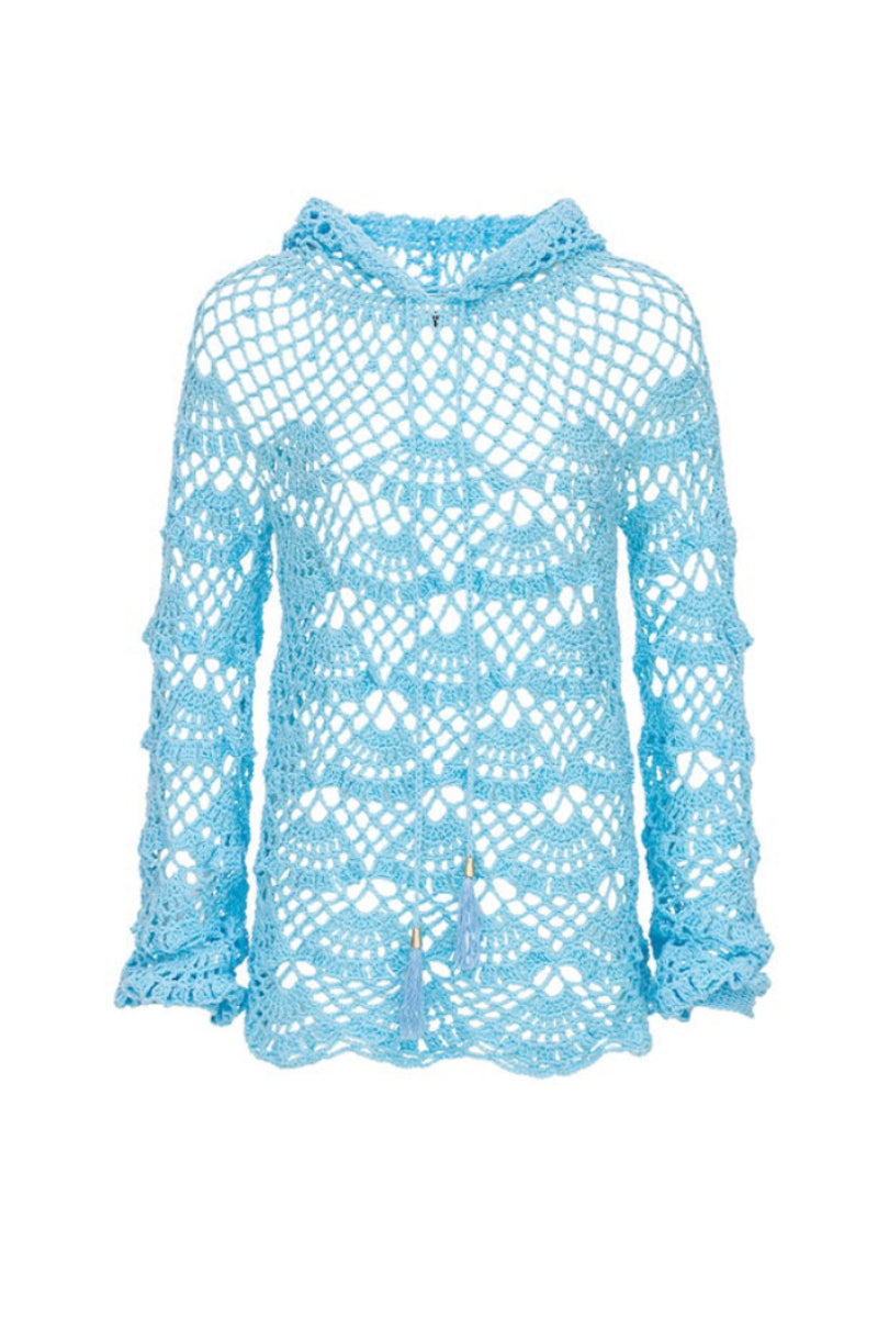 Andreeva aqua marine handmade crochet hoodie, soft knit top with intricate crochet pattern and hood, casual stylish women's clothing
