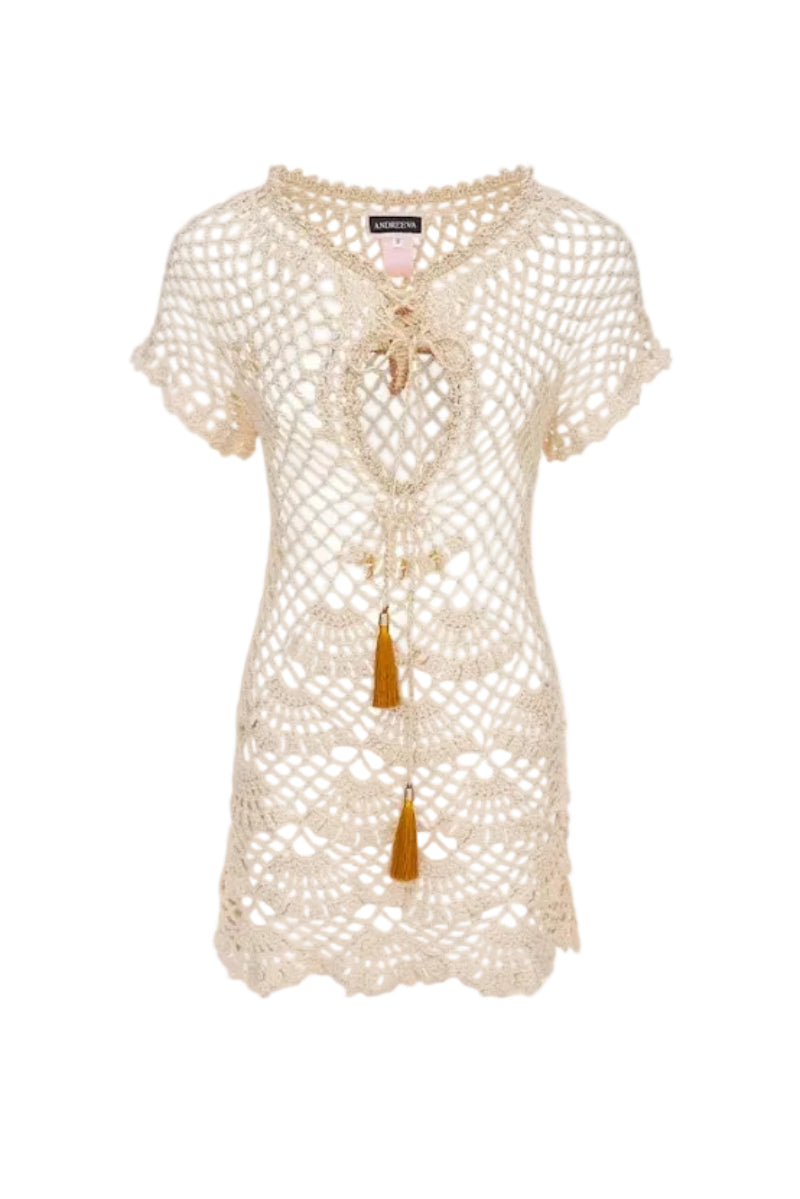 Handmade pearl crochet top by Andreeva, showcasing intricate crochet design and pearl accents, perfect for stylish casual wear.