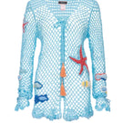 Handmade aqua marine crochet top cover-up shirt by Andreeva displayed on a hanger. Light, airy, and detailed crochet design.