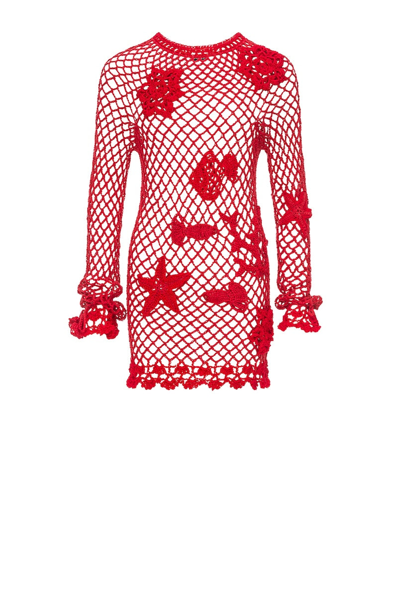 Handmade cherry crochet top-cover up by Andreeva, featuring intricate crochet patterns and a lightweight, breezy design.