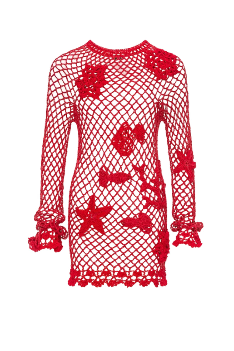 Handmade cherry crochet top cover-up by Andreeva featuring intricate crochet patterns and a relaxed fit for stylish beachwear.