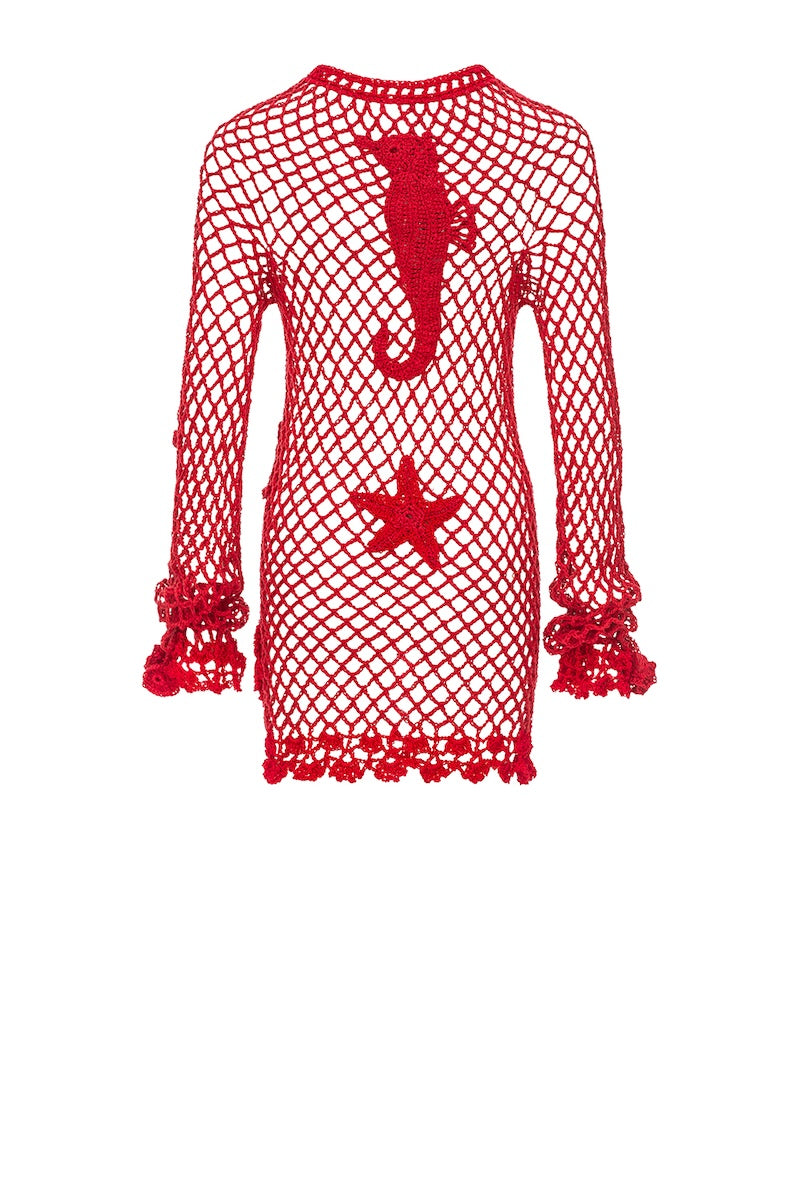 Handmade cherry crochet top-cover up by Andreeva, featuring intricate crochet pattern and lightweight fabric for stylish summer wear.
