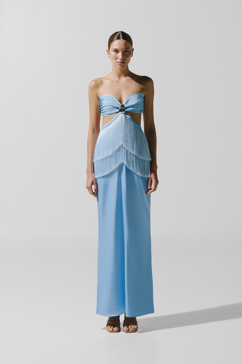 Baobab DUA maxi dress in Cielo Blu, flowing lightweight fabric, sleeveless design, perfect for summer wear.