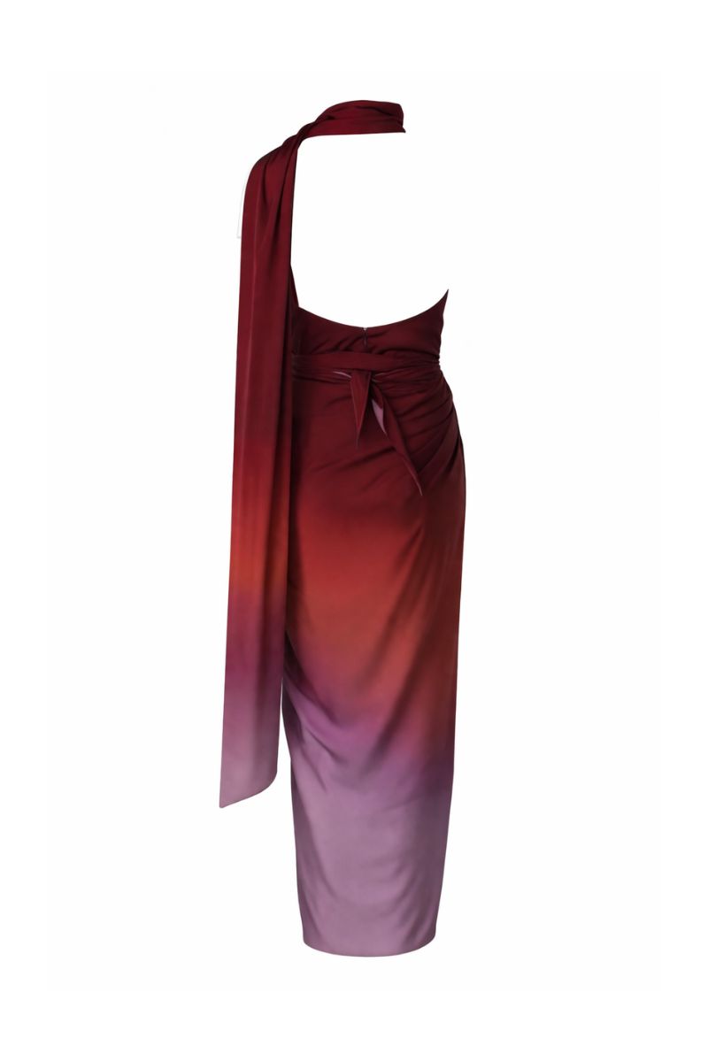 Baobab LORA maxi dress in Tramonto Bordó, elegant long dress with flowy fabric and deep burgundy color, perfect for stylish occasions.