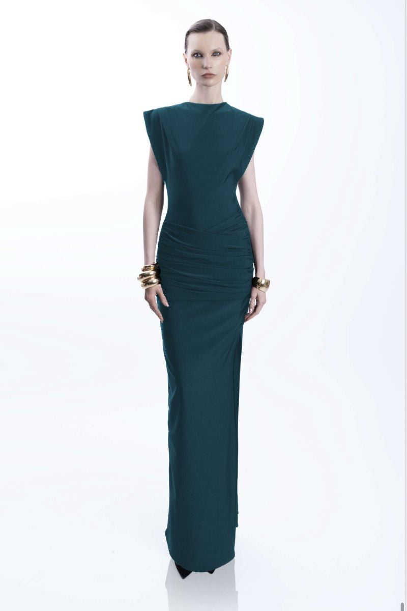 LEDIEL MOCCA LARGO Emerald gown with flowing fabric and elegant design, showcased on a mannequin.