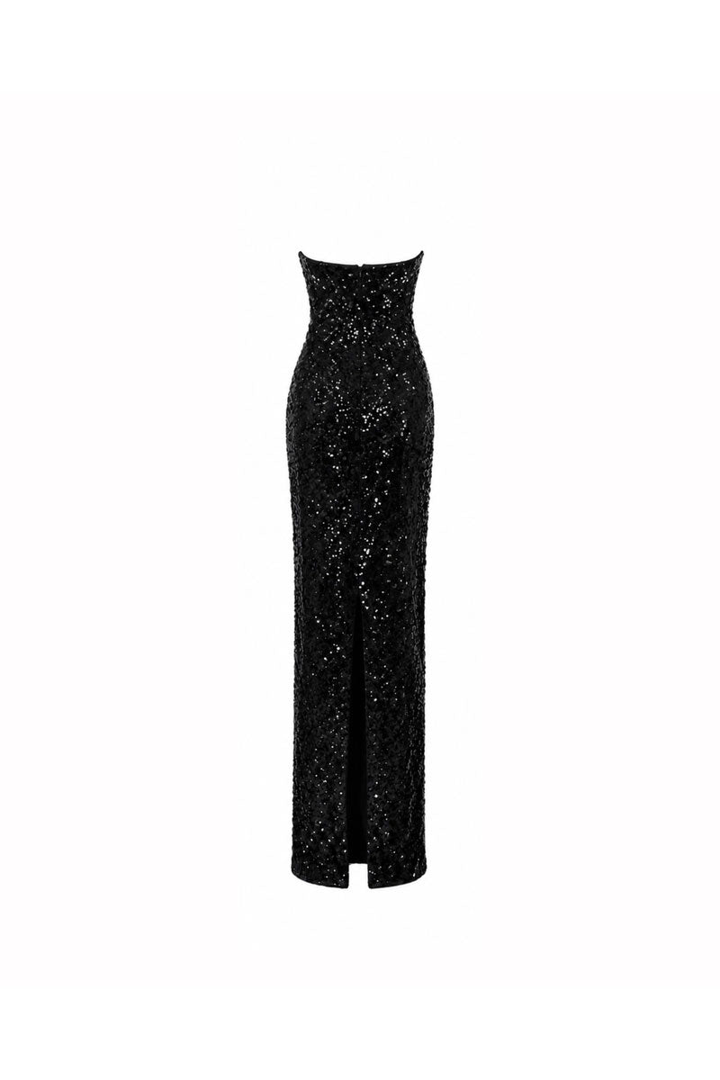 Black Luna Sequin Gown by HACCHIC COUTURE, elegant maxi dress with shimmering sequins and flowing silhouette.