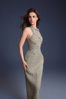 Keira Tong gold checkered cut-out midi dress featuring a stylish pattern and modern design for elegant occasions.