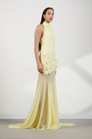 Deme By Gabriella Celeste Maxi Dress in flowing fabric with a fitted waist and elegant neckline, perfect for formal occasions.
