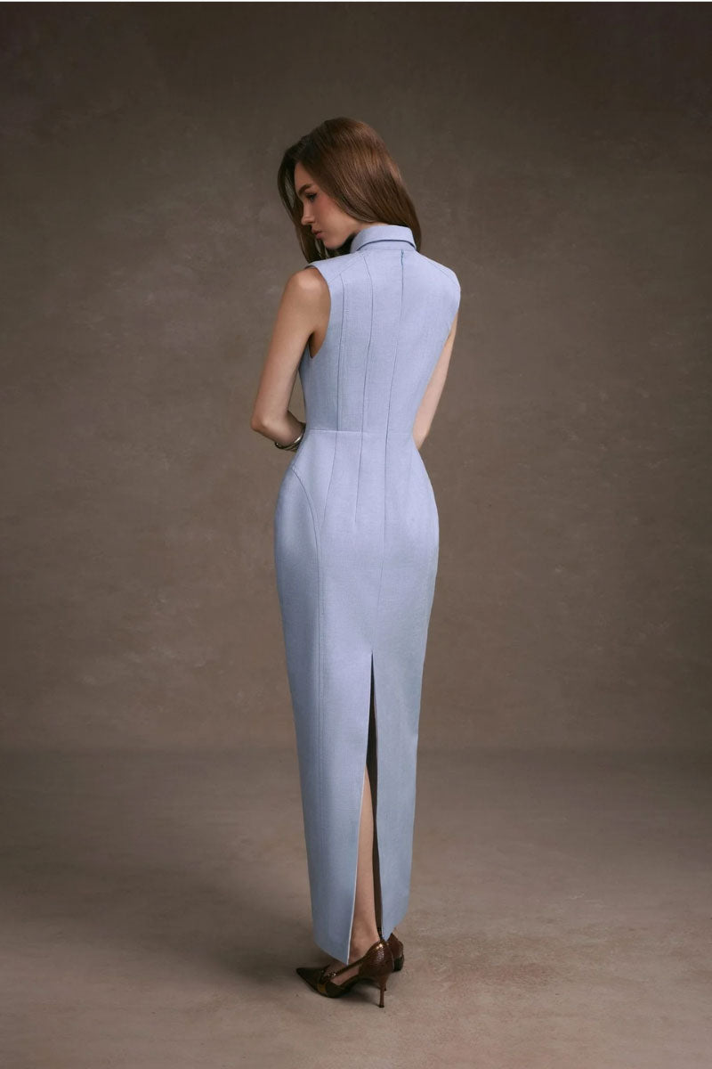 Pastel blue sleeveless maxi dress by KEIRA TONG featuring a flowing design and sleeveless style, perfect for warm weather.