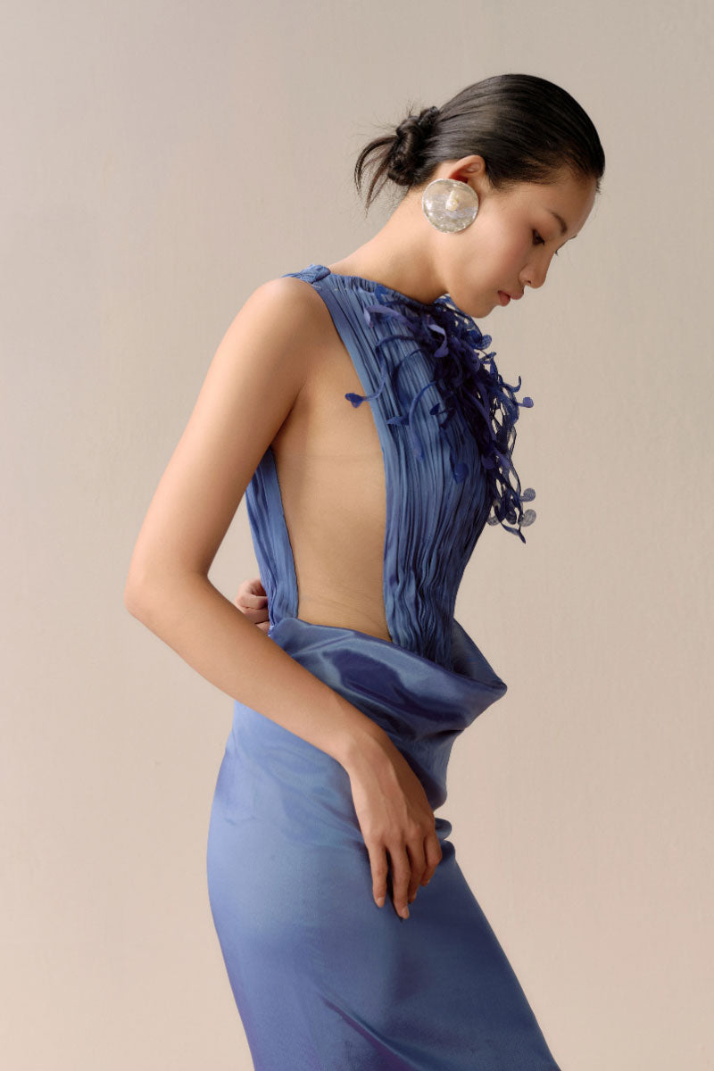 LECIA Vienna Copper Liquid Pleat Maxi Dress in Lumin Blue, flowing fabric with pleated design, elegant evening dress.