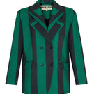 Green striped blazer by ColoReve, tailored fit with classic lapels, featuring bold green and white stripes on smooth fabric.
