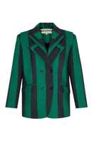 Green striped blazer by ColoReve, tailored fit with classic lapels, featuring bold green and white stripes on smooth fabric.