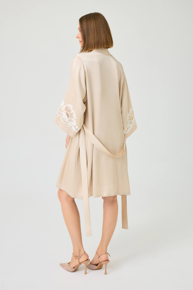 Miss Dalia short rayon robe by Bocan Couture with beige lace trim, featuring a relaxed fit and soft fabric for comfortable wear.