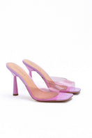 Kolane Margot mule heels in rose pink transparent with open toe and minimalist design, stylish for casual or dressy occasions.