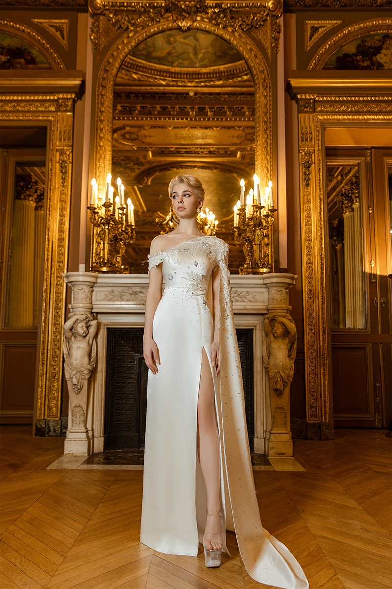 WHITE ASYMMETRIC SLEEVE SIDE SLIT GOWN - CULT MIA