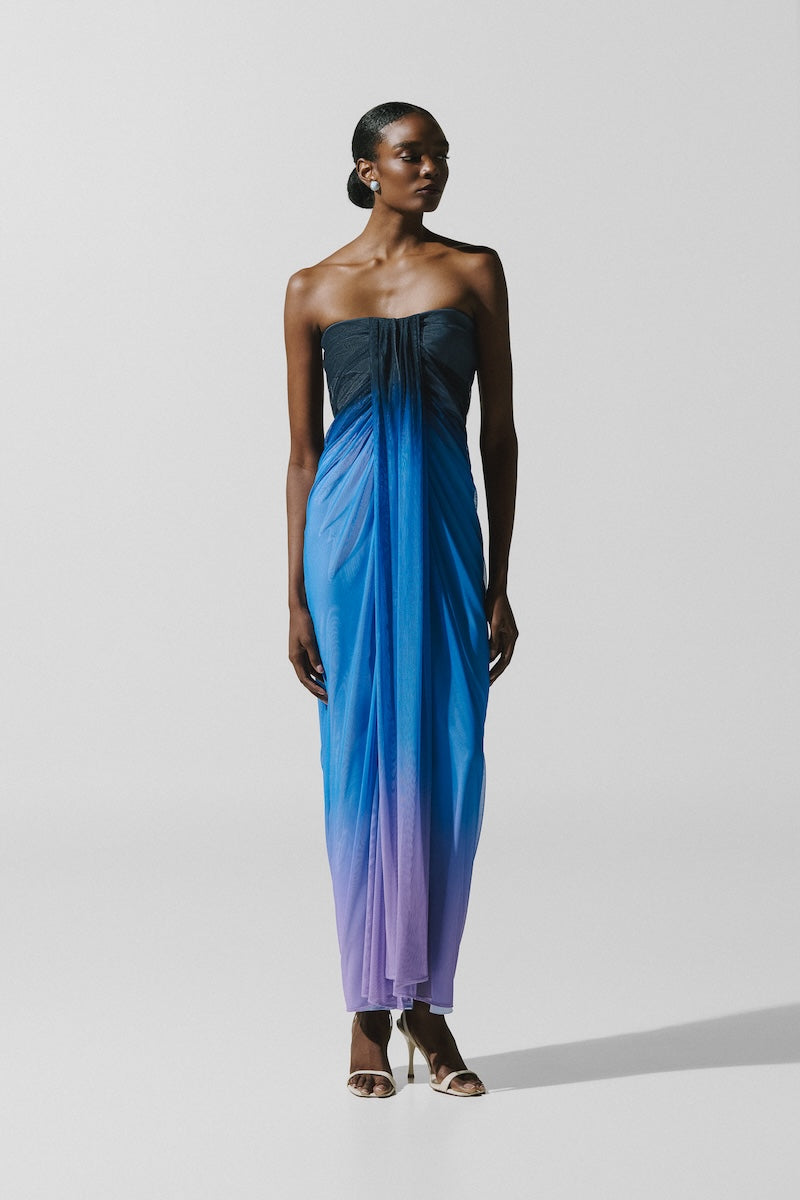 Baobab Lena Maxi Dress in Tramonto Blu, flowing blue maxi dress with elegant design and lightweight fabric.