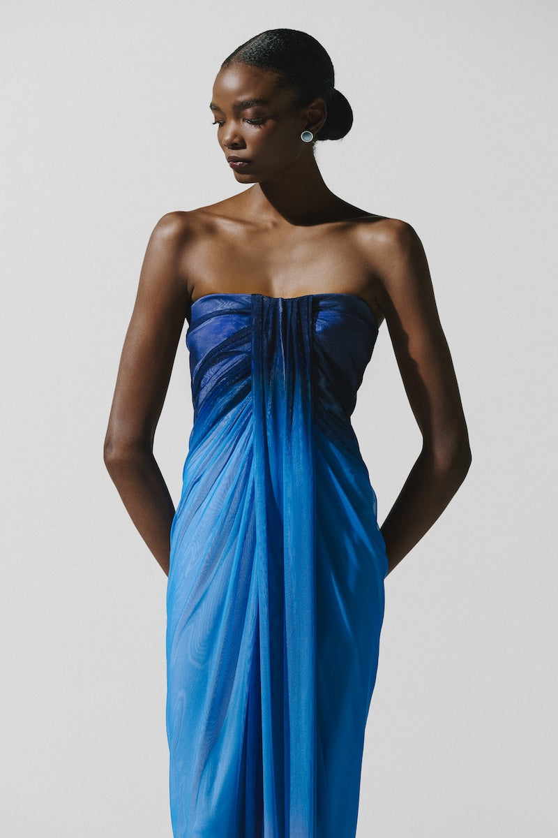Baobab Lena Maxi Dress in Tramonto Blu, flowing blue maxi dress with elegant design and lightweight fabric, perfect for summer wear.