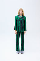 Green striped ColoReve blazer with tailored fit, featuring classic lapel collar and button-front design, styled on a mannequin.