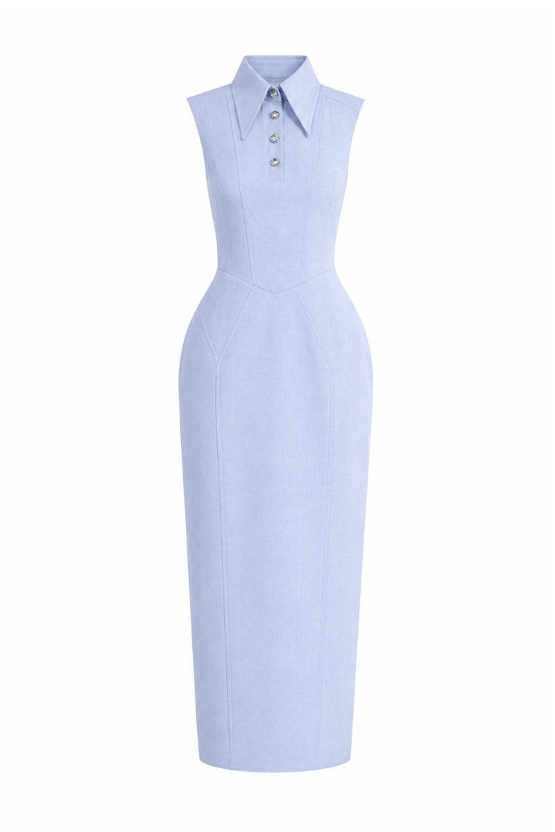 Pastel blue sleeveless maxi dress by KEIRA TONG, flowing fabric, knee-length design, perfect for warm weather and casual occasions.