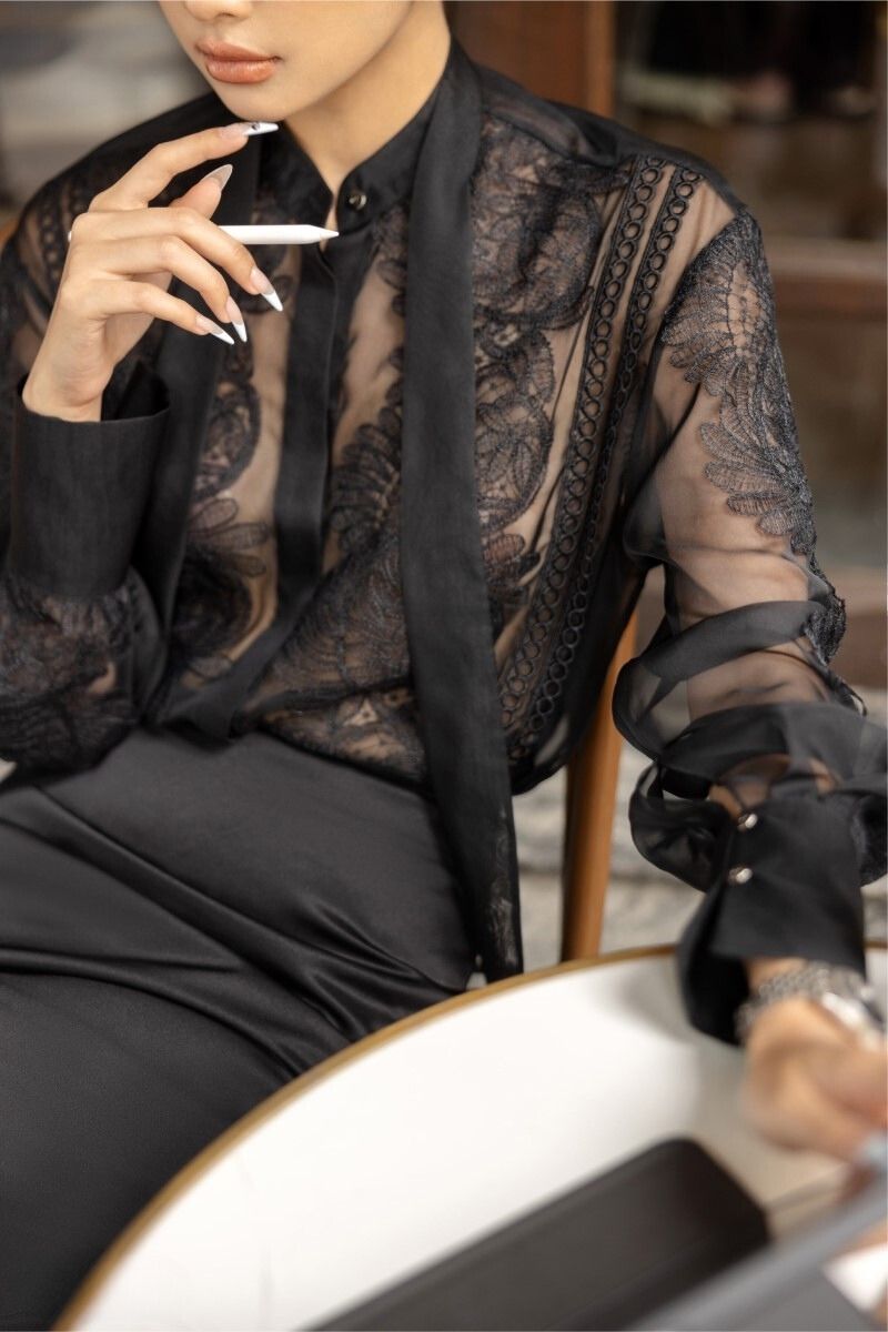 ARETHA BLACK SILK MIXED LACE SHIRT AND PENCIL SKIRT - CULT MIA