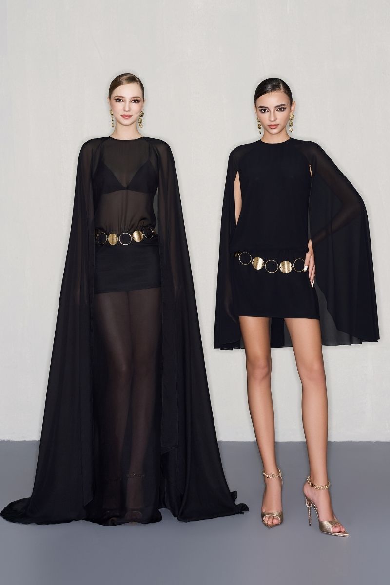 BLACK CHIFFON GOWN WITH GOLD BELT - CULT MIA