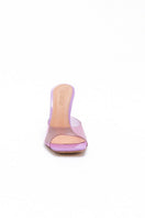 Kolane Margot Rose Pink transparent mule heels with sleek design and open toe, perfect for stylish summer outfits.