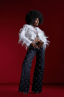 Onalaja Bee Crystal denim jeans showing classic blue denim fabric with crystal embellishments and a slim fit design.