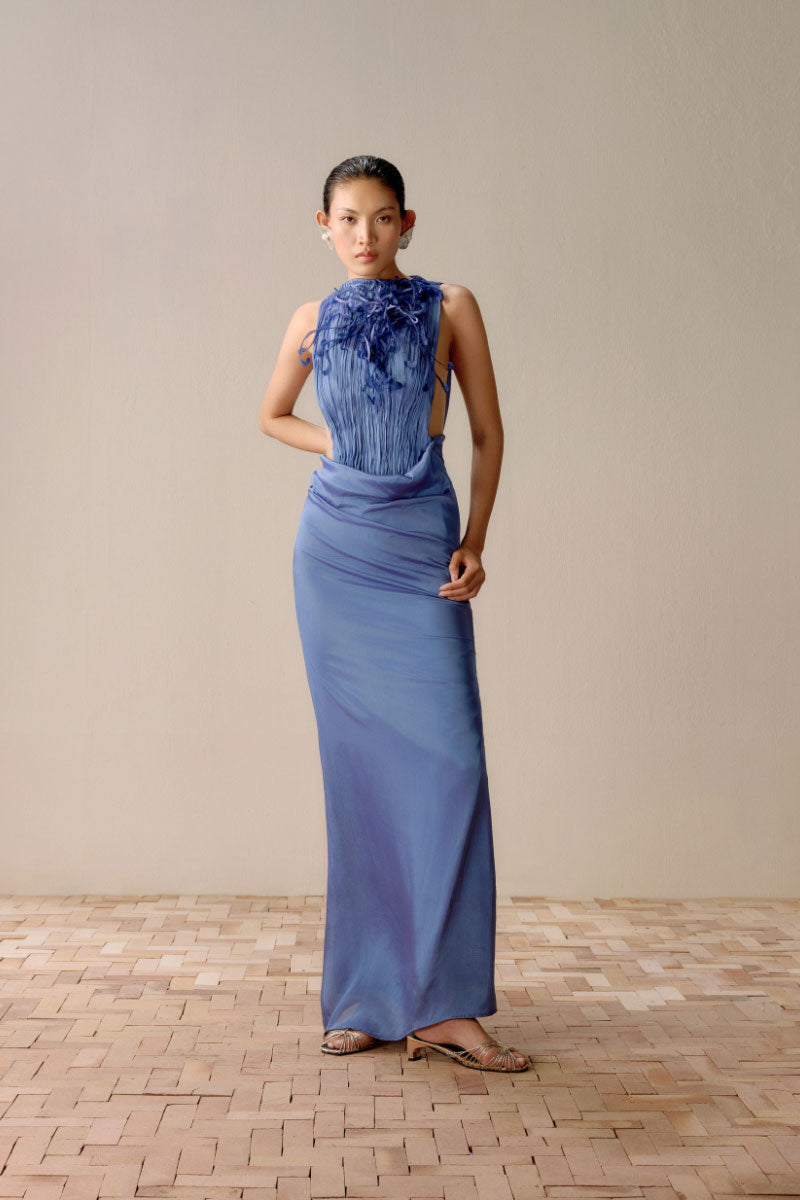 VIENNA COPPER LIQUID PLEAT GOWN IN LUMIN BLUE | CULT MIA