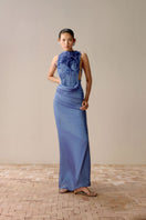 Leica Vienna Copper Liquid Pleat Gown in Lumin Blue, a flowing maxi dress with pleated fabric and elegant design.