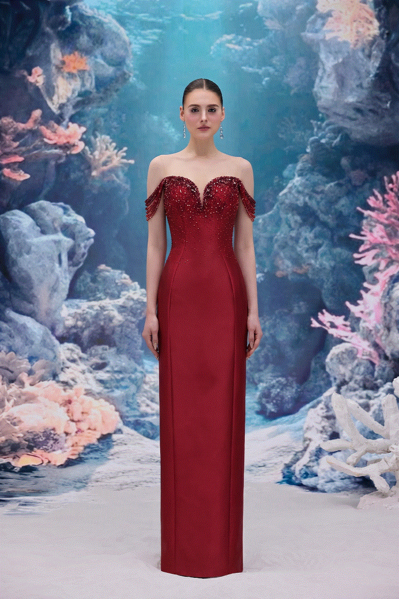 Red CELESTE ROYAL TAFFETA gown by 21Six, featuring elegant design and luxurious fabric, perfect for formal occasions.