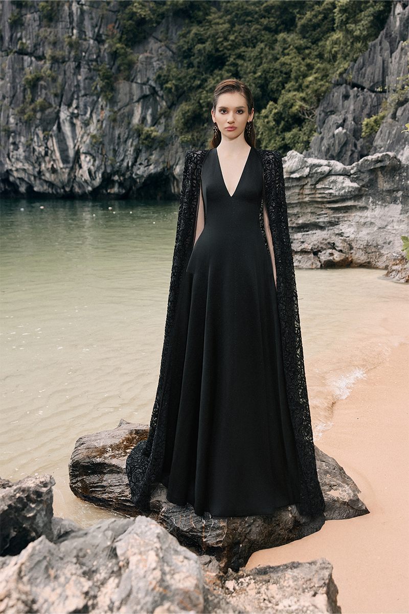 STYLIZED NECKLINE WAVY FLOWING CAPE SLEEVES DRESS - CULT MIA