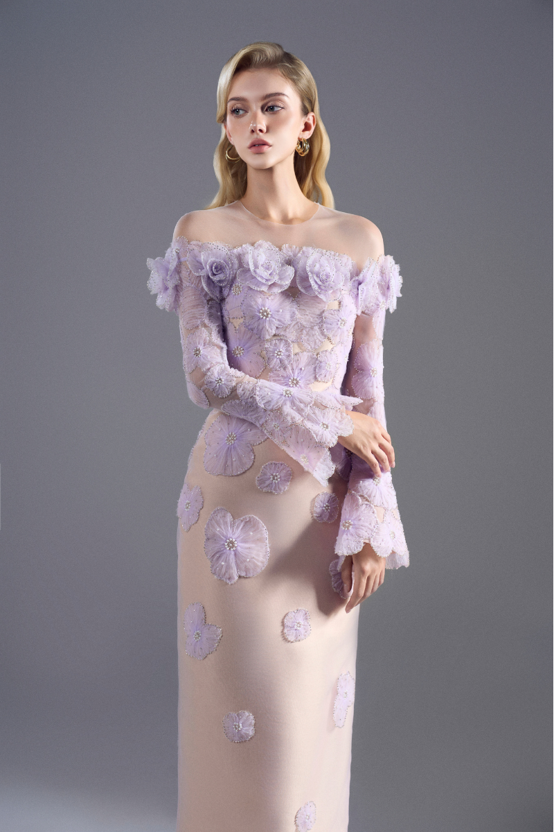 TULLE AND TAFFETA MIDI DRESS IN LIGHT PURPLE | ROSEE DE MATIN | CULT MIA TULLE AND TAFFETA MIDI DRESS IN LIGHT PURPLE | ROSEE DE MATIN | CULT MIA