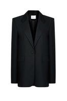LEKIEU Stanton black blazer jacket, tailored fit with notch lapel and sleek design, displayed on a hanger.