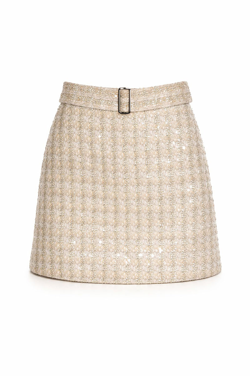 Aquarel Studio Iris Mini Skirt in gold, showcasing a stylish short skirt with a shiny metallic finish and fitted waist.