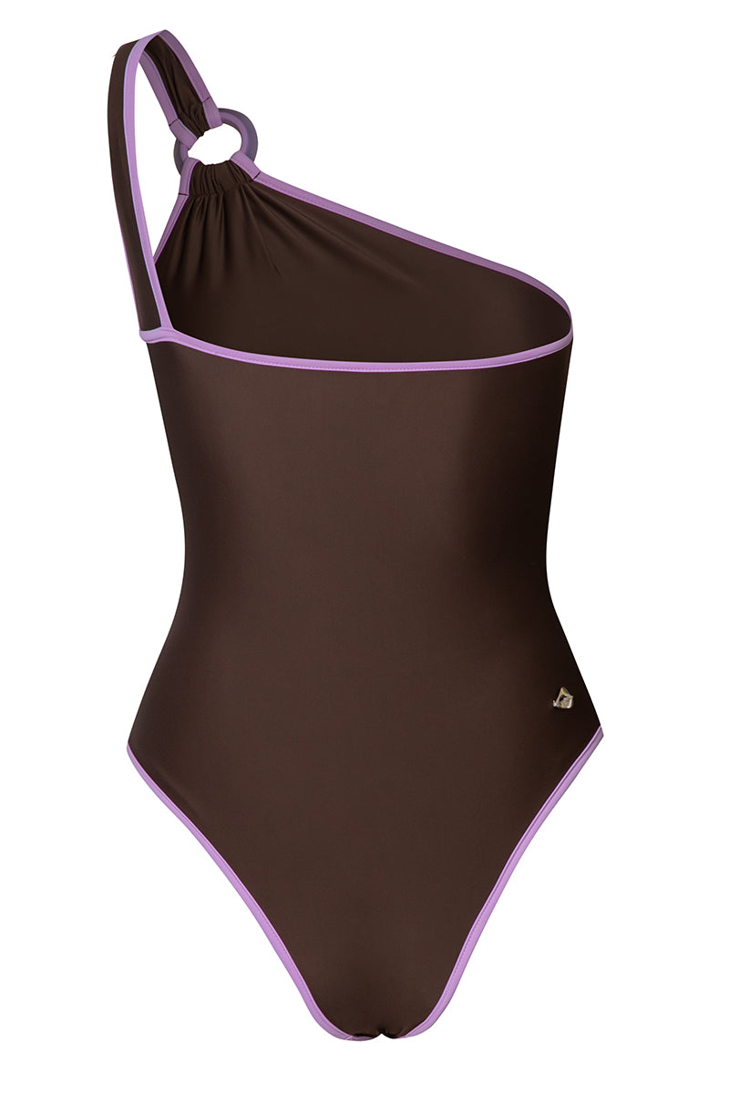 Baobab Asaka one-piece swimsuit in Ciocco Lavanda with floral pattern, featuring a flattering fit and vibrant lavender color.