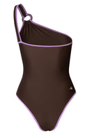Baobab Asaka one-piece swimsuit in Ciocco Lavanda with floral pattern, featuring a flattering fit and vibrant lavender color.