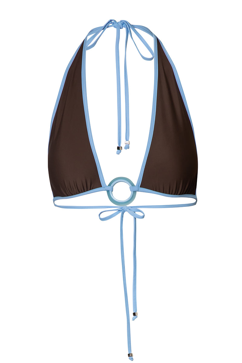 Baobab Helena bikini top in Moca Blu with adjustable straps and tropical print, perfect for beach or poolside wear.