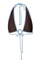 Baobab Helena bikini top in Moca Blu with adjustable straps and tropical print, perfect for beach or poolside wear.