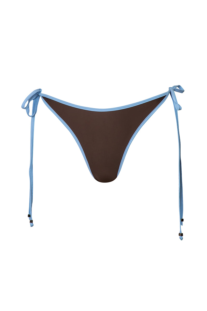 Baobab RHO bikini bottom in Moca Blu, featuring a stylish swimwear design with adjustable side ties and a comfortable fit.