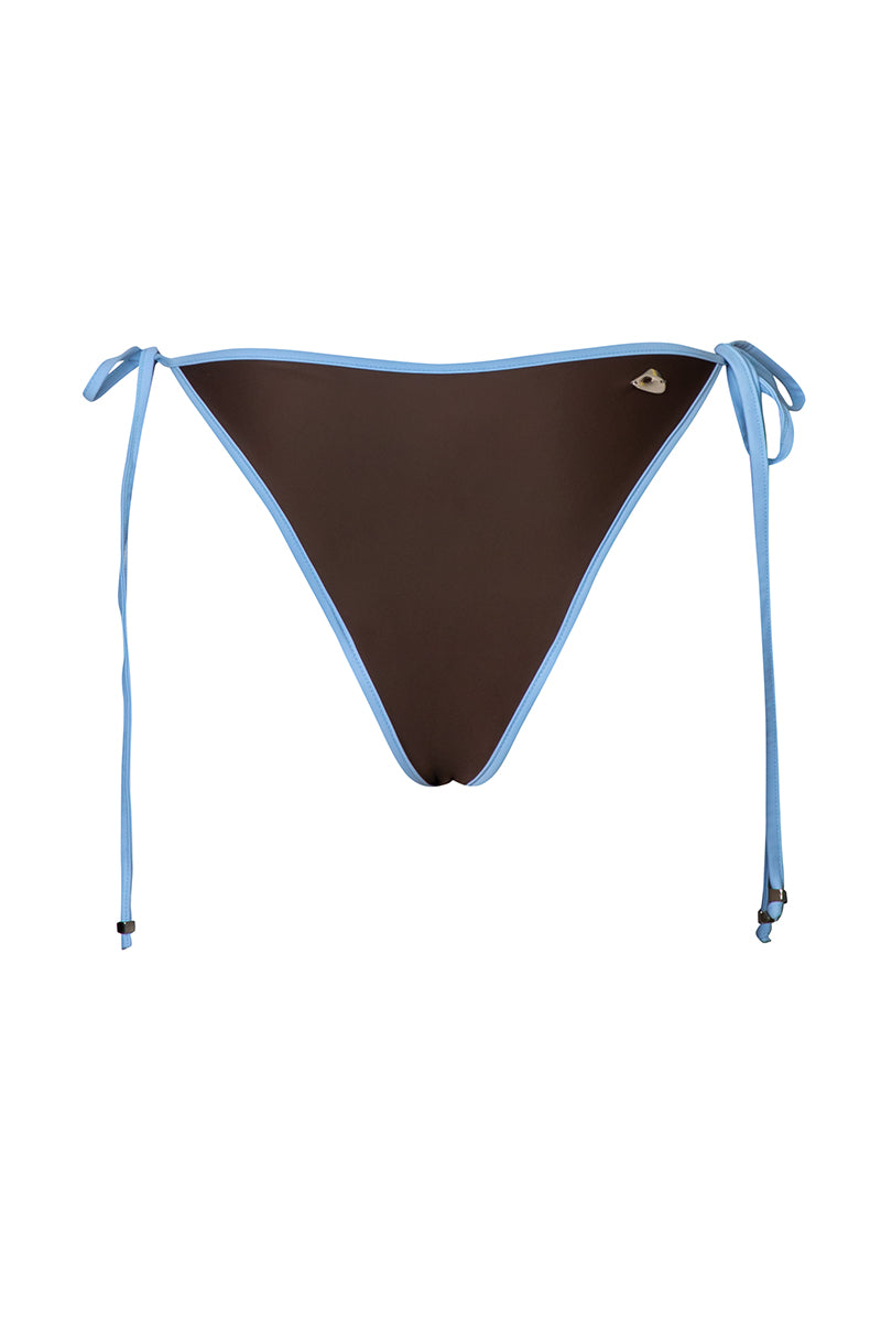 Baobab RHO bikini bottom in Moca Blue with sleek, minimal design, shown on a model highlighting the fit and color.