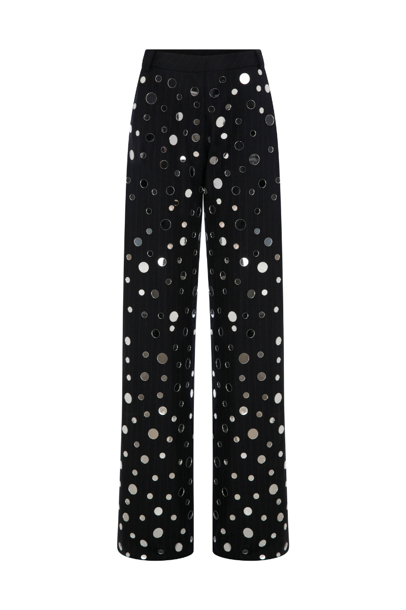 Sudi Etuz mirror-covered straight cut pants with reflective surface, stylish and modern design, shown on a model.